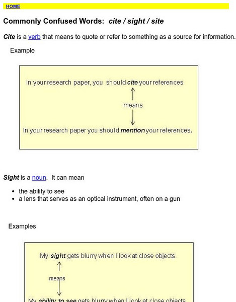 Towson University: Ows: Commonly Confused Words: Cite / Sight / Site Handout Towson University: Ows: Commonly Confused Words: Cite / Sight / Site Handout