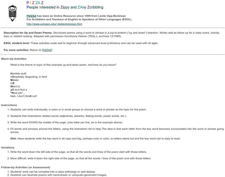 Pizzaz, Creative Writing & Storytelling: Up and Down Poems Lesson Plan Pizzaz, Creative Writing & Storytelling: Up and Down Poems Lesson Plan