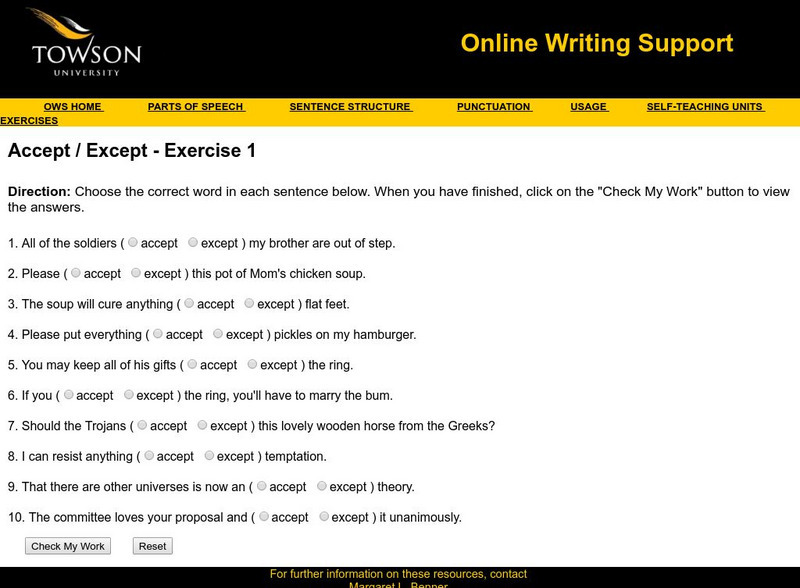 Towson University: Ows: Commonly Confused Words: Accept / Except Exercise 1 Unknown Type Towson University: Ows: Commonly Confused Words: Accept / Except Exercise 1 Unknown Type