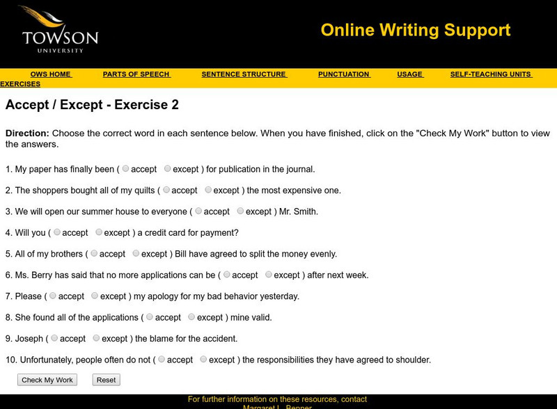 Towson University: Ows: Commonly Confused Words: Accept / Except Exercise 2 Unknown Type Towson University: Ows: Commonly Confused Words: Accept / Except Exercise 2 Unknown Type
