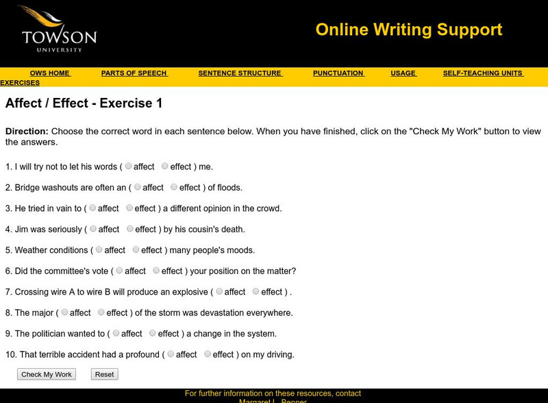 Towson University: Online Writing Support: Affect / Effect Exercise 1 Unknown Type Towson University: Online Writing Support: Affect / Effect Exercise 1 Unknown Type