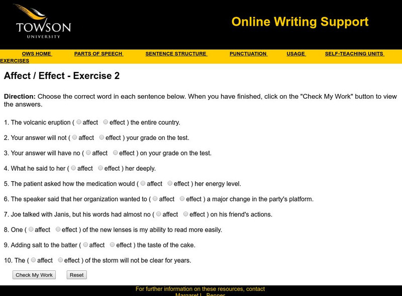 Towson University: Online Writing Support: Affect / Effect Exercise 2 Unknown Type Towson University: Online Writing Support: Affect / Effect Exercise 2 Unknown Type