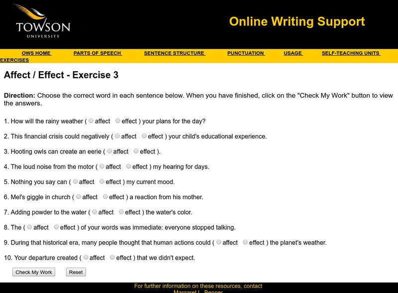 Towson University: Online Writing Support: Affect / Effect Exercise 3 Unknown Type Towson University: Online Writing Support: Affect / Effect Exercise 3 Unknown Type