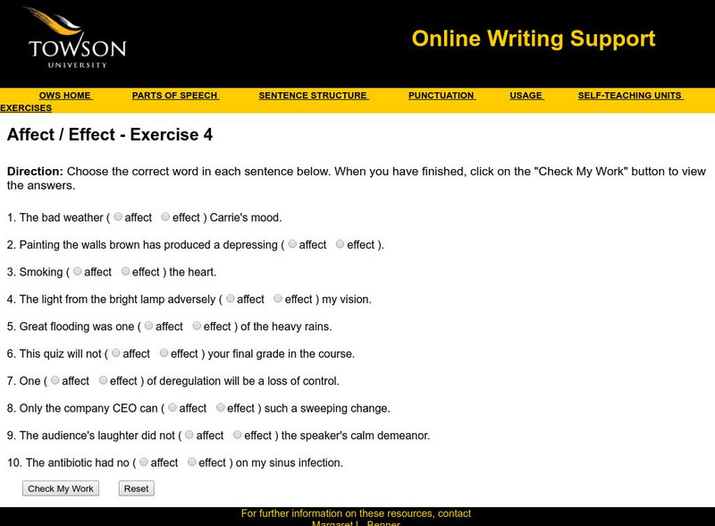 Towson University: Online Writing Support: Affect / Effect Exercise 4 Unknown Type Towson University: Online Writing Support: Affect / Effect Exercise 4 Unknown Type