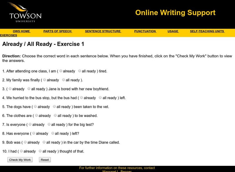 Towson University: Online Writing Support: Already / All Ready Exercise 1 Unknown Type Towson University: Online Writing Support: Already / All Ready Exercise 1 Unknown Type