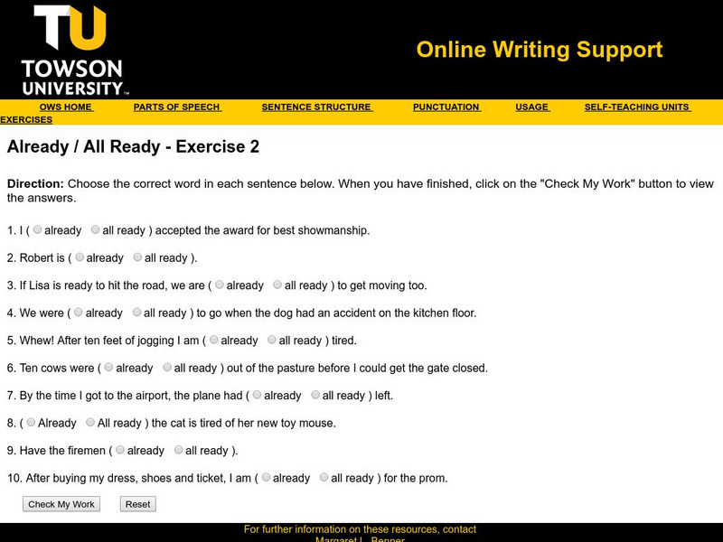Towson University: Online Writing Support: Already / All Ready Exercise 2 Unknown Type Towson University: Online Writing Support: Already / All Ready Exercise 2 Unknown Type
