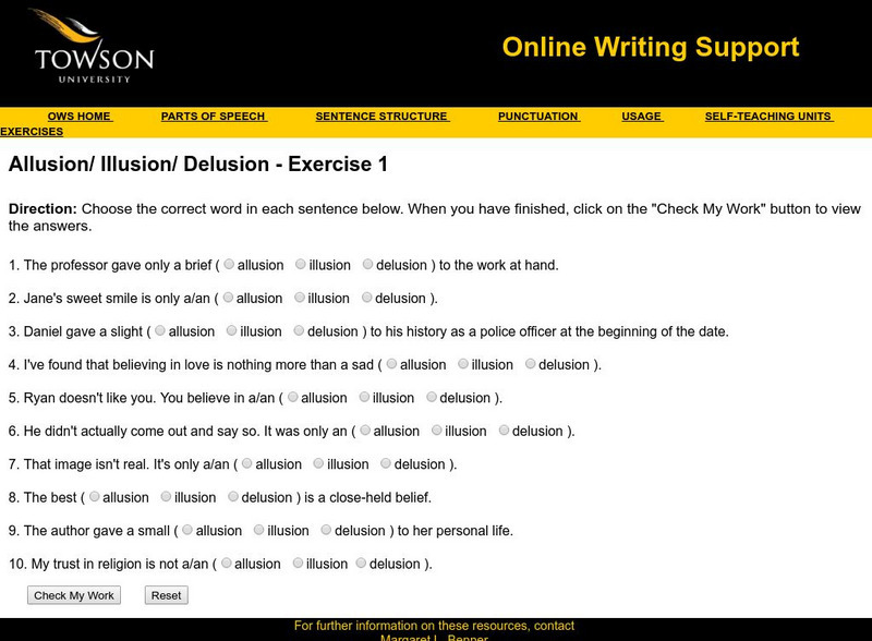 Towson University: Ows: Allusion/ Illusion/ Delusion Exercise 1 Unknown Type Towson University: Ows: Allusion/ Illusion/ Delusion Exercise 1 Unknown Type