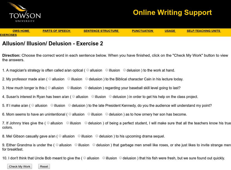 Towson University: Ows: Allusion/ Illusion/ Delusion Exercise 2 Unknown Type Towson University: Ows: Allusion/ Illusion/ Delusion Exercise 2 Unknown Type