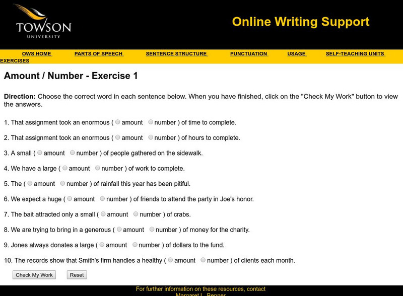 Towson University: Online Writing Support: Amount / Number Exercise 1 Unknown Type Towson University: Online Writing Support: Amount / Number Exercise 1 Unknown Type