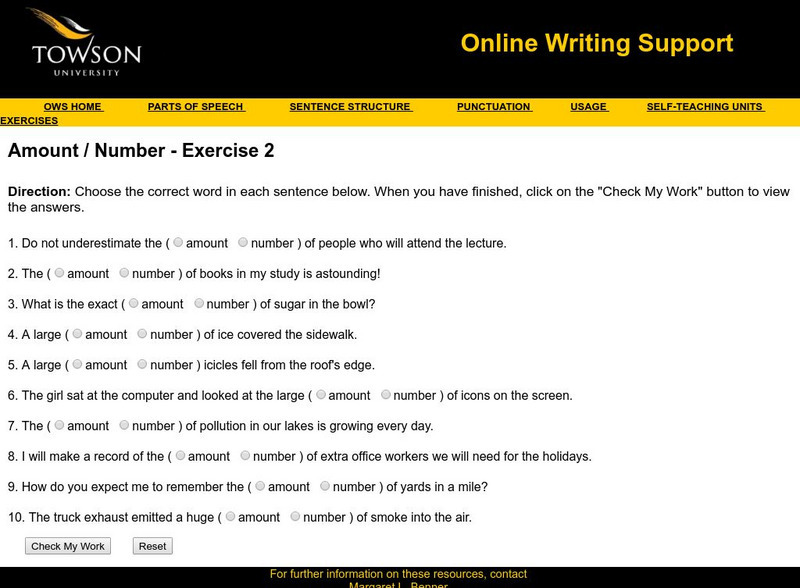 Towson University: Online Writing Support: Amount / Number Exercise 2 Unknown Type Towson University: Online Writing Support: Amount / Number Exercise 2 Unknown Type