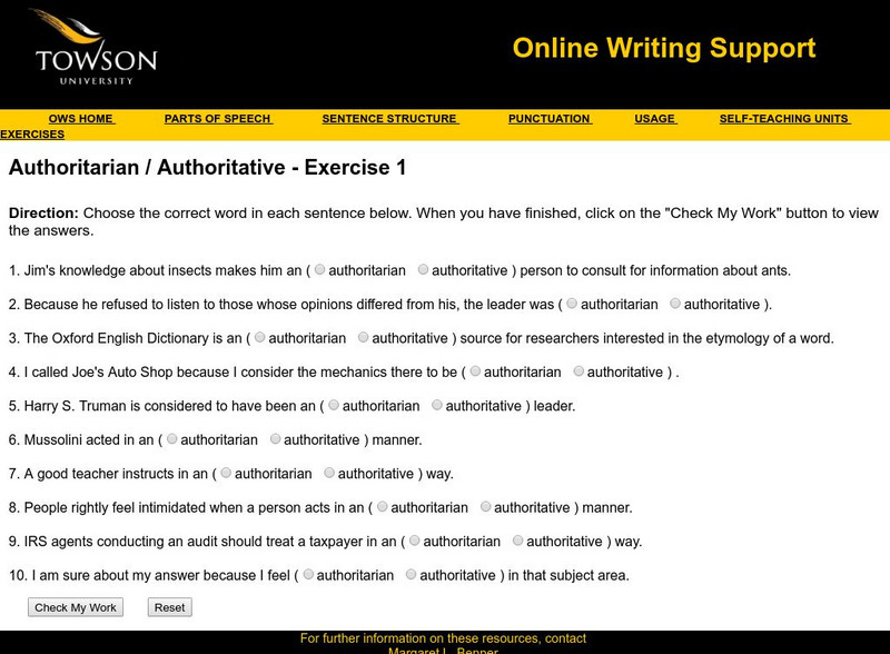 Towson University: Ows: Authoritarian / Authoritative Exercise 1 Unknown Type Towson University: Ows: Authoritarian / Authoritative Exercise 1 Unknown Type