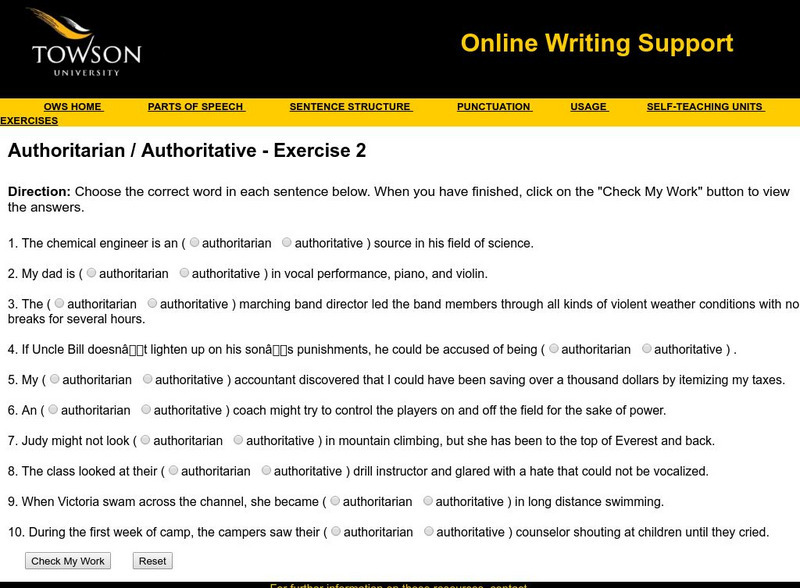 Towson University: Ows: Authoritarian / Authoritative Exercise 2 Unknown Type Towson University: Ows: Authoritarian / Authoritative Exercise 2 Unknown Type