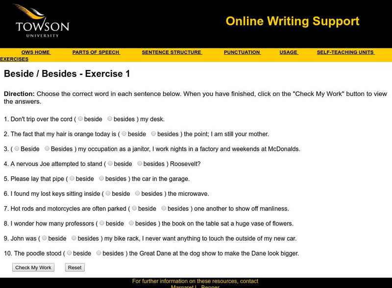 Towson University: Ows: Beside / Besides Exercise 1 Unknown Type Towson University: Ows: Beside / Besides Exercise 1 Unknown Type