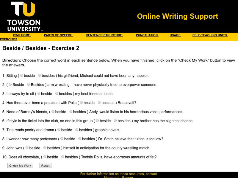 Towson University: Ows: Beside / Besides Exercise 2 Unknown Type Towson University: Ows: Beside / Besides Exercise 2 Unknown Type