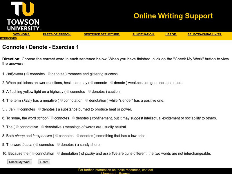 Towson University: Ows: Connote / Denote Exercise 1 Unknown Type Towson University: Ows: Connote / Denote Exercise 1 Unknown Type