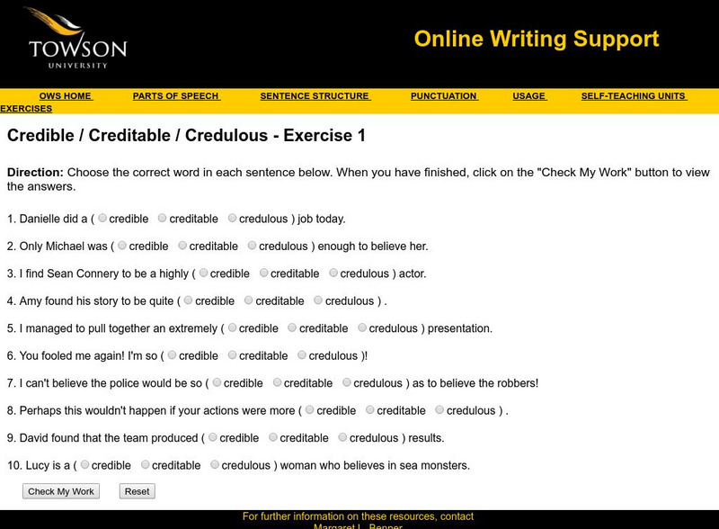 Towson University: Ows: Credible / Creditable / Credulous Exercise 1 Unknown Type