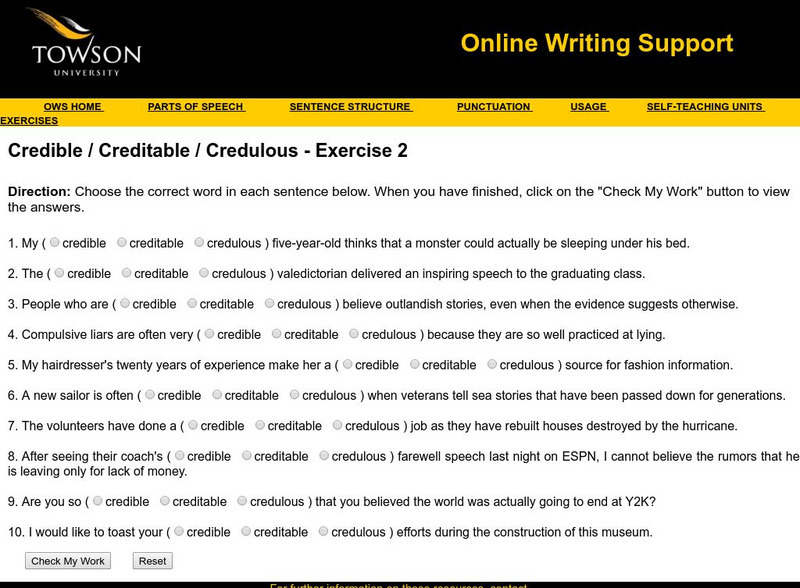 Towson University: Ows: Credible / Creditable / Credulous Exercise 2 Unknown Type