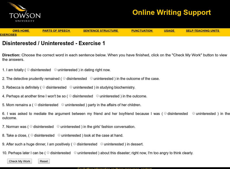 Towson University: Ows: Disinterested / Uninterested Exercise 1 Unknown Type Towson University: Ows: Disinterested / Uninterested Exercise 1 Unknown Type