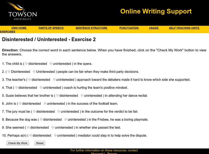 Towson University: Ows: Disinterested / Uninterested Exercise 2 Unknown Type Towson University: Ows: Disinterested / Uninterested Exercise 2 Unknown Type