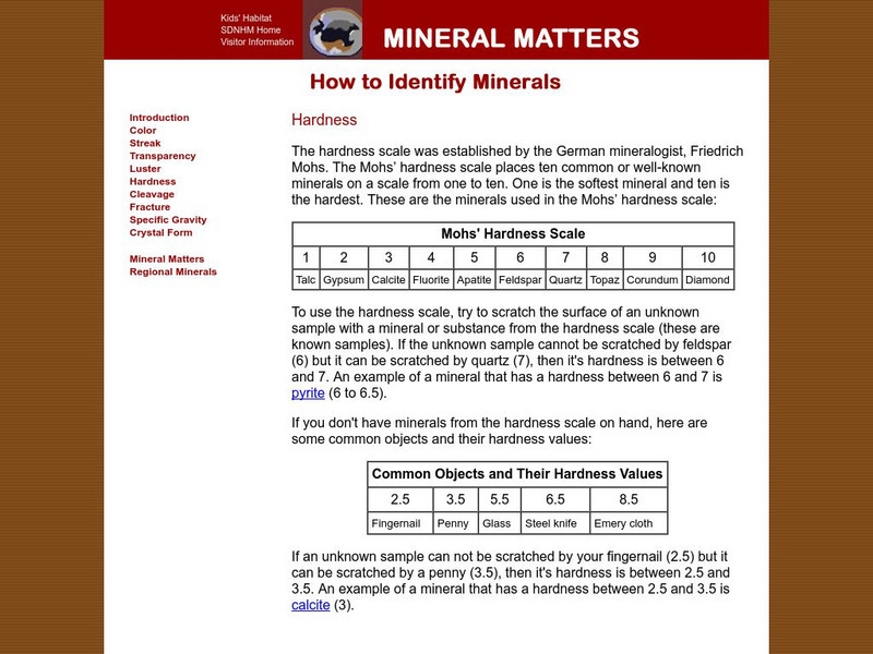 San Diego Natural History Museum: Mineral Matters: Hardness Handout San Diego Natural History Museum: Mineral Matters: Hardness Handout