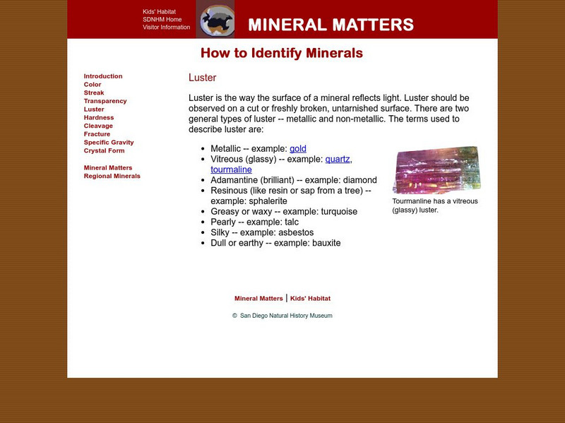 San Diego Natural History Museum: Mineral Matters: Luster Handout San Diego Natural History Museum: Mineral Matters: Luster Handout