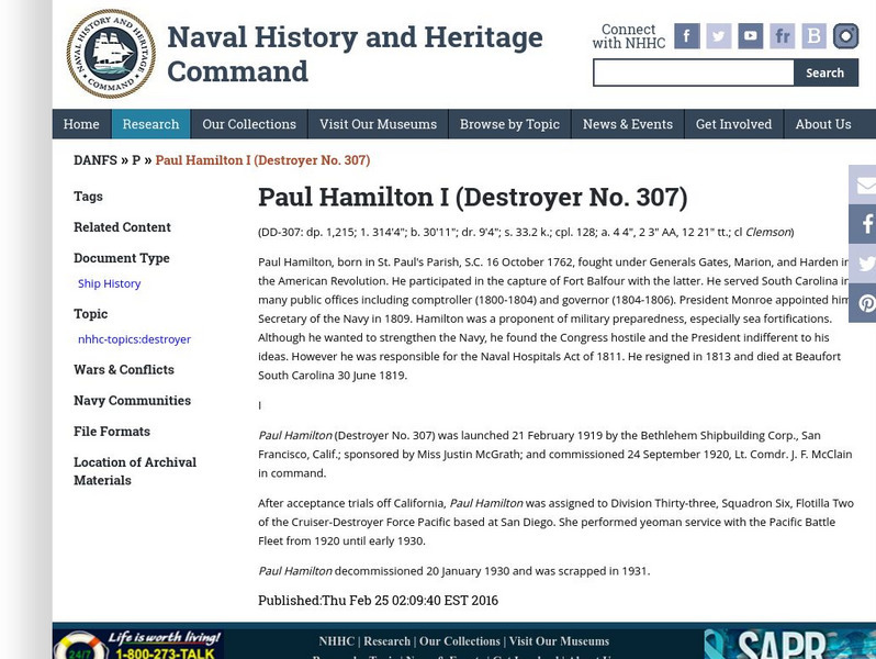 Navy Historical Center: Paul Hamilton 1762 1816 Handout