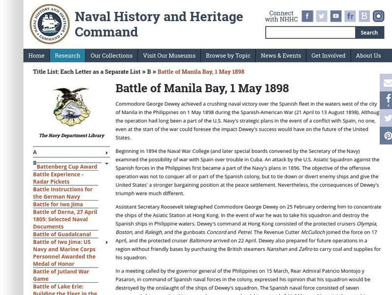 Nhhc: Battle of Manila Bay, 1 May 1898 Handout Nhhc: Battle of Manila Bay, 1 May 1898 Handout