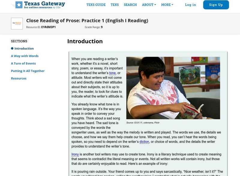 Texas Gateway: Close Reading of Prose: Practice 1 (English I Reading) Activity Texas Gateway: Close Reading of Prose: Practice 1 (English I Reading) Activity