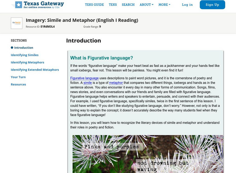 Texas Gateway: Imagery: Simile and Metaphor (English I Reading) Unit Plan Texas Gateway: Imagery: Simile and Metaphor (English I Reading) Unit Plan