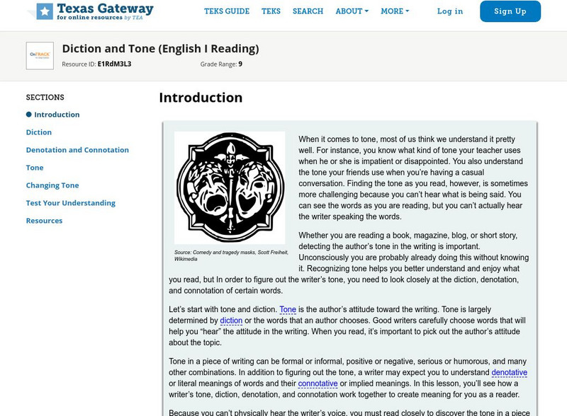 Texas Gateway: Diction and Tone (English I Reading) Unit Plan Texas Gateway: Diction and Tone (English I Reading) Unit Plan