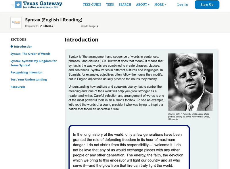 Texas Gateway: Syntax (English I Reading) Unit Plan Texas Gateway: Syntax (English I Reading) Unit Plan