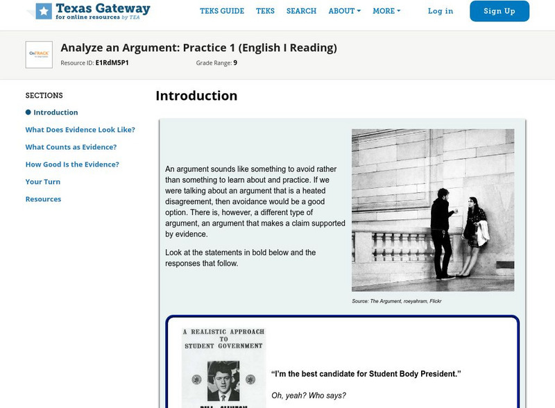 Texas Gateway: Analyze an Argument: Practice 1 (English I Reading) Activity Texas Gateway: Analyze an Argument: Practice 1 (English I Reading) Activity