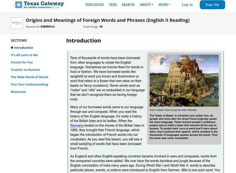Texas Gateway: Origins & Meanings of Foreign Words & Phrases: English Ii Reading Unit Plan Texas Gateway: Origins & Meanings of Foreign Words & Phrases: English Ii Reading Unit Plan