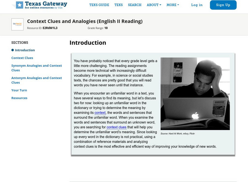 Texas Gateway: Context Clues and Analogies (English Ii Reading) Unit Plan Texas Gateway: Context Clues and Analogies (English Ii Reading) Unit Plan