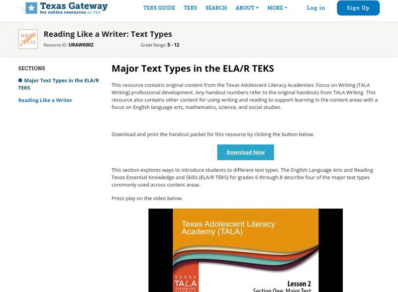 Texas Gateway: Reading Like a Writer: Text Types Professional Doc