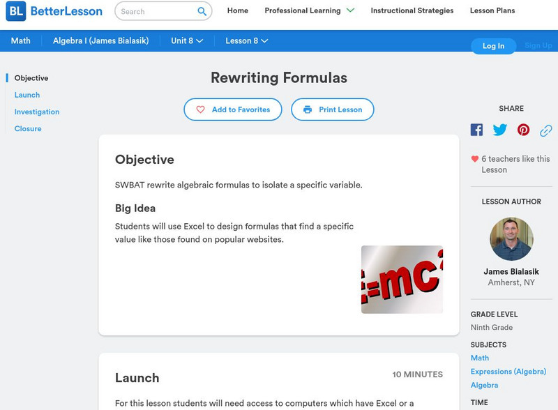 Better Lesson: Rewriting Formulas Lesson Plan