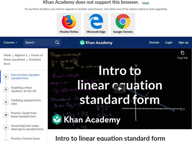 Khan Academy Algebra Linear Equations in Standard Form Instructional Video for 9th 10th