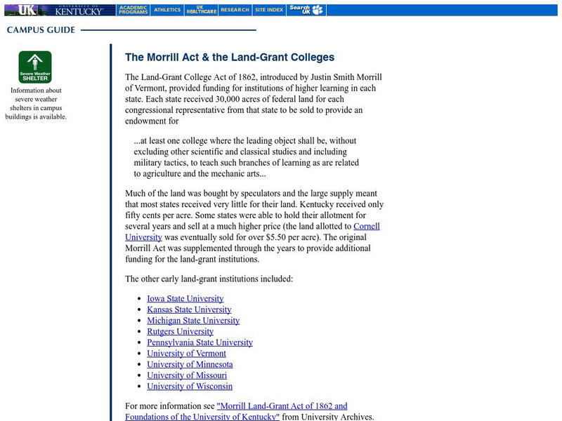 Univ. Of Kentucky: Campus Guide: Morrill Act of 1862 and Land Grant Colleges Handout Univ. Of Kentucky: Campus Guide: Morrill Act of 1862 and Land Grant Colleges Handout
