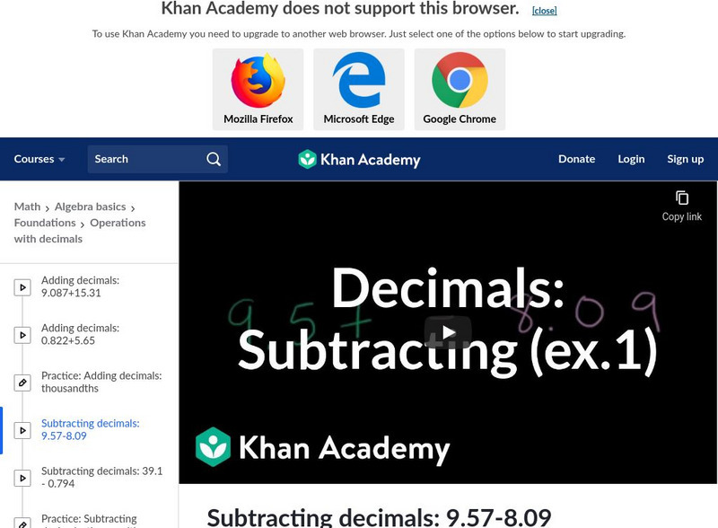 Khan Academy: Subtracting Decimals: 9.57 8.09 Instructional Video Khan Academy: Subtracting Decimals: 9.57 8.09 Instructional Video