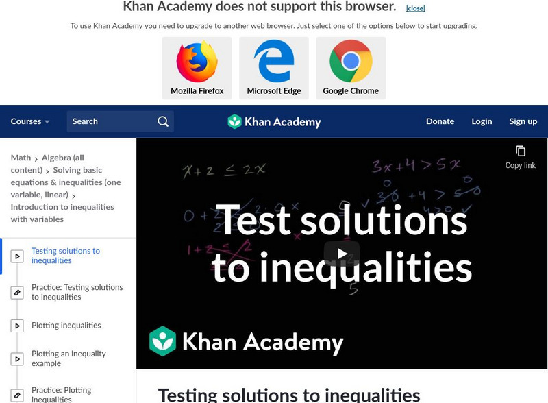 Khan Academy: Testing Solutions of Inequalities Instructional Video