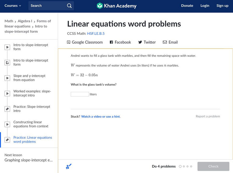 Khan Academy: Algebra I: Linear Equations Word Problems Unknown Type Khan Academy: Algebra I: Linear Equations Word Problems Unknown Type