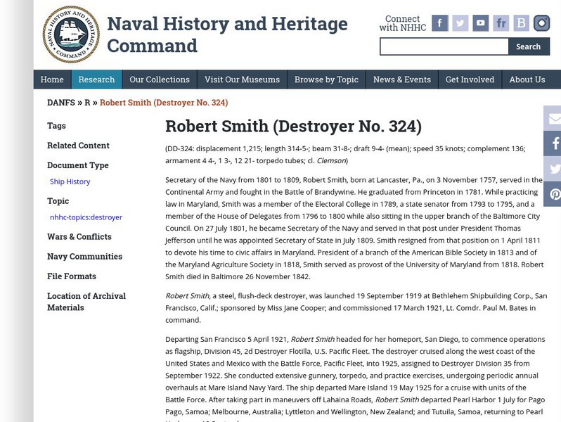 Naval History and Heritage Command: Robert Smith (Destroyer No. 324) Handout
