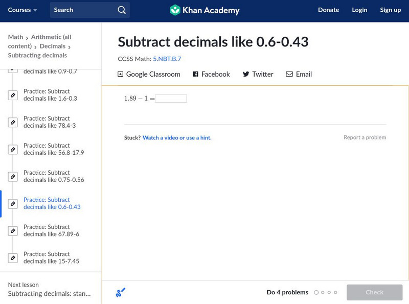 Khan Academy: Subtract Decimals #6 Unknown Type Khan Academy: Subtract Decimals #6 Unknown Type