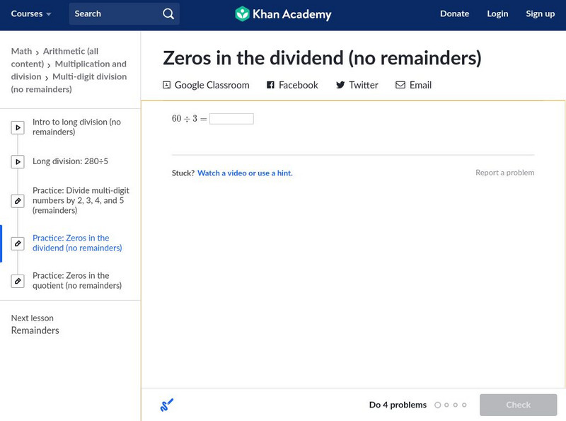 Khan Academy: Zeros in the Dividend (No Remainders) Unknown Type