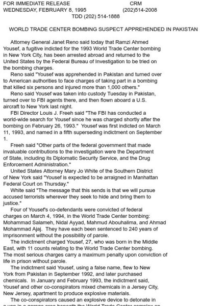 U.s. Department of Justice: World Trade Center Bombing Suspect Apprehended Primary U.s. Department of Justice: World Trade Center Bombing Suspect Apprehended Primary