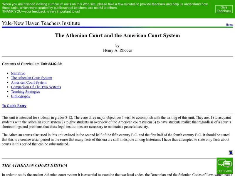 Yale New Haven Teachers Institute: Athenian Court and American Court System Lesson Plan Yale New Haven Teachers Institute: Athenian Court and American Court System Lesson Plan