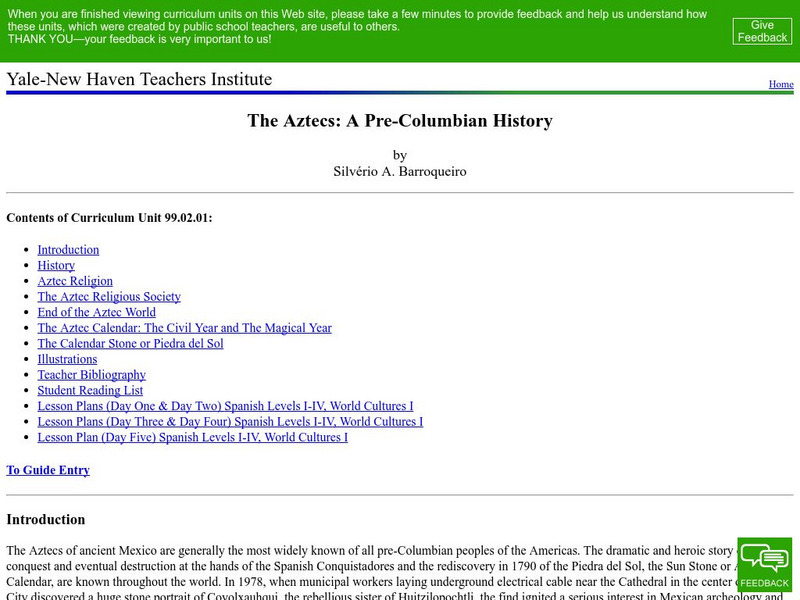 Yale New Haven Teachers Institute: The Aztecs: A Pre Columbian History Handout Yale New Haven Teachers Institute: The Aztecs: A Pre Columbian History Handout