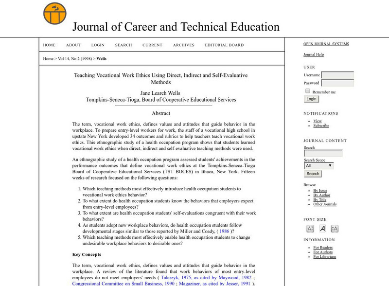 Journal of Career and Technical Education: Teaching Vocational Work Ethics Article Journal of Career and Technical Education: Teaching Vocational Work Ethics Article
