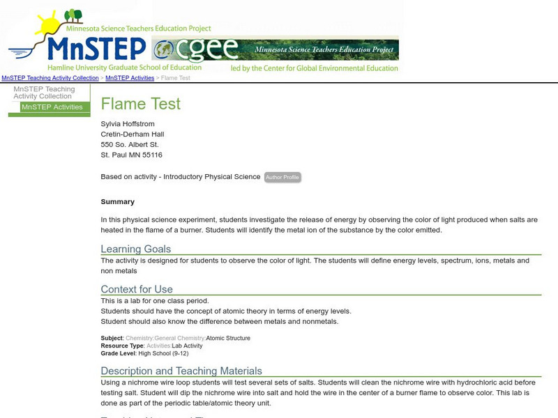 Serc: Flame Test Lesson Plan Serc: Flame Test Lesson Plan