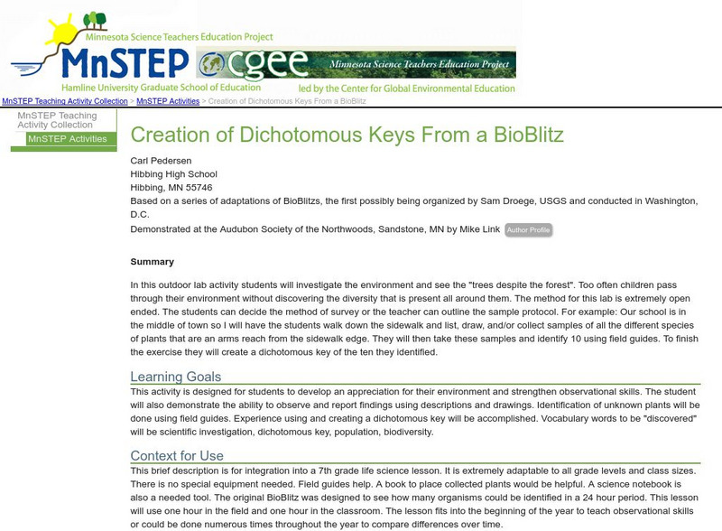 Serc: Creation of Dichotomous Keys From a Bio Blitz Lesson Plan Serc: Creation of Dichotomous Keys From a Bio Blitz Lesson Plan